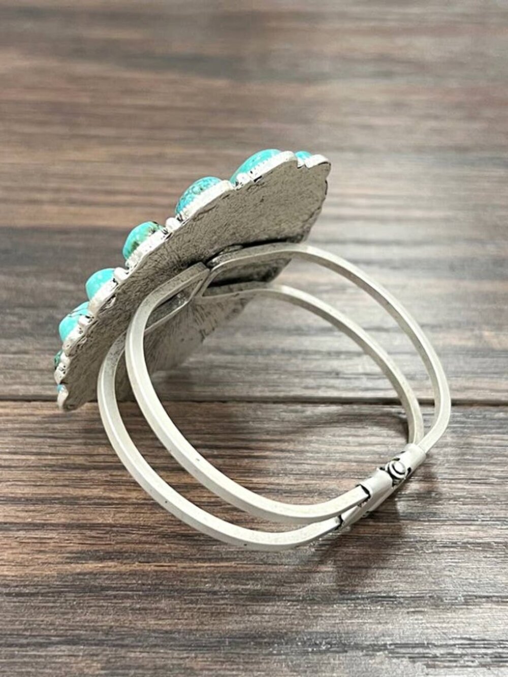 Turquoise Cluster Cuff Bracelet Western Boho Statement Silver Tone Wide - Picture 2 of 3